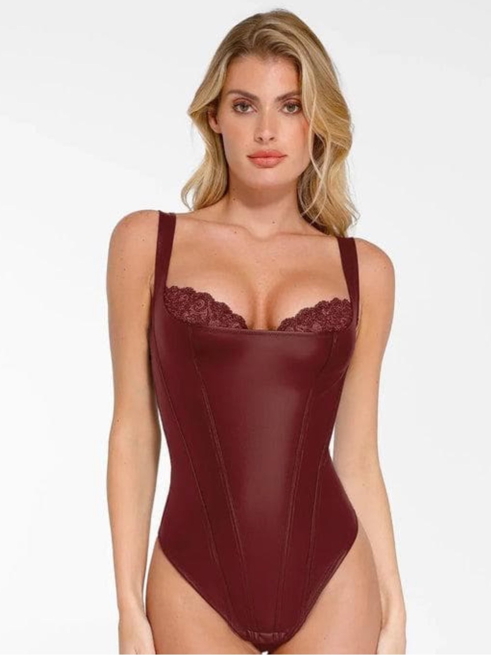 NWT Popilush Shapewear Faux Leather Lace Balconette Sculpting Bodysuit